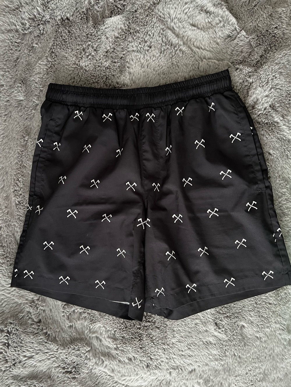 Sharpen the Axe Mens Black Athletic Shorts White Cross Axe Pattern Size Medium